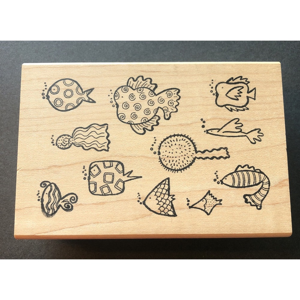 Ducks in a Row Rubber Stamp School of Fish Nautical Ocean Wood Mounted